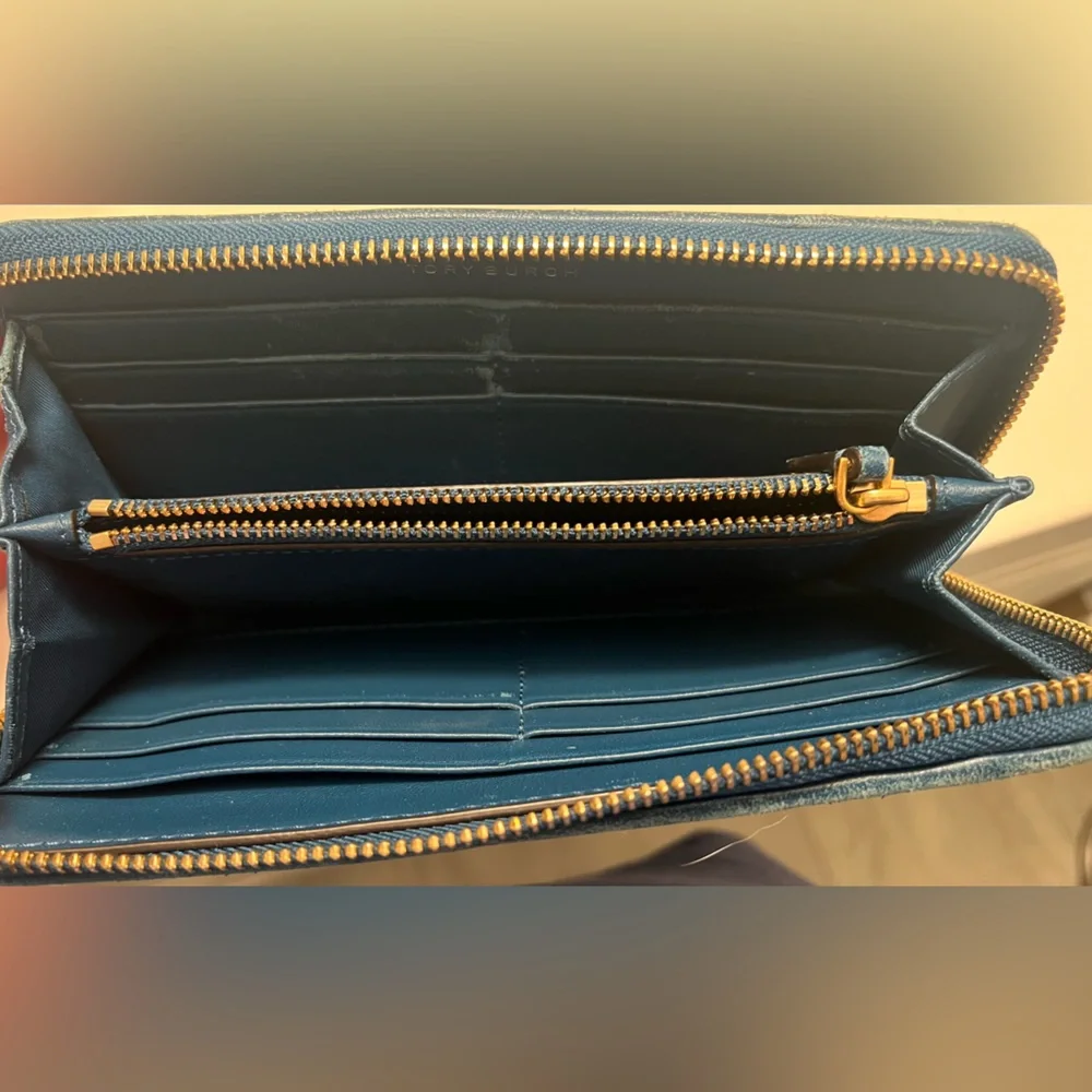 Tory Burch- blue and gold rectangle wallet.